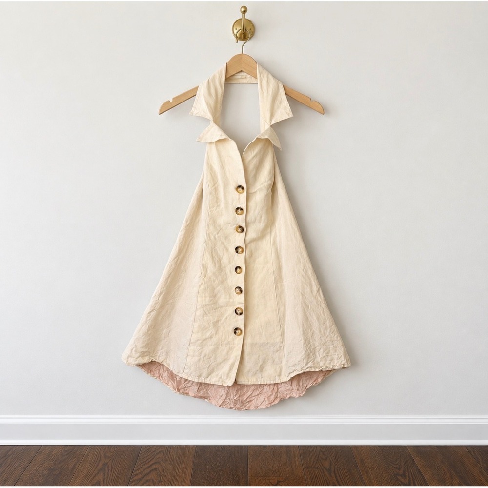 Stone Cold Fox Cream Linen Silk Halter Top Button Down Backless Collared Size 2